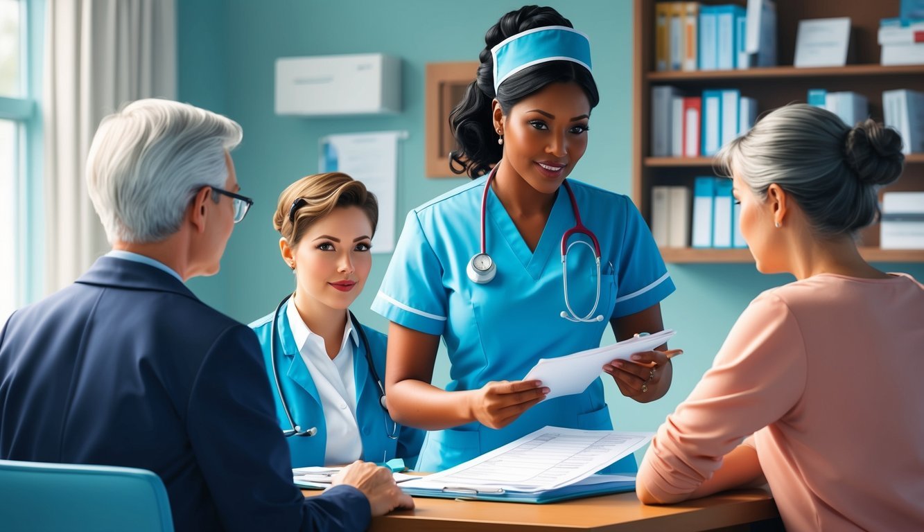 A nurse practitioner working in a clinic, consulting with patients and reviewing medical charts