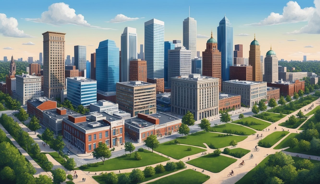 A bustling city skyline with various buildings and offices, surrounded by greenery and pathways for walking and biking
