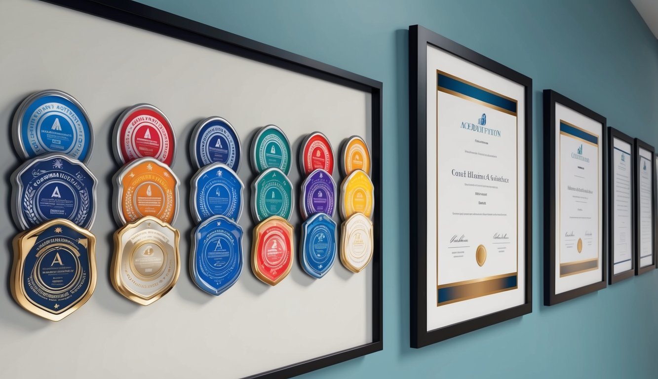 A row of colorful accreditation badges displayed on a wall next to framed certificates and awards