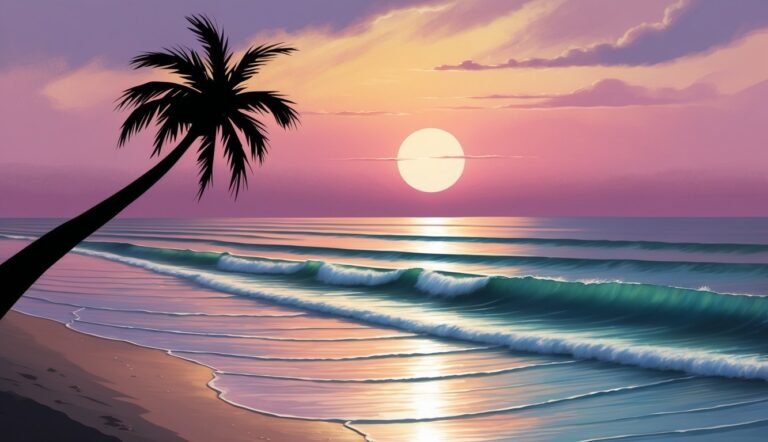 Palm tree silhouette on beach at sunset, waves, and colorful sky