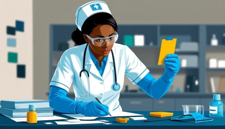 Nurse in uniform writing on paper, holding a yellow clipboard