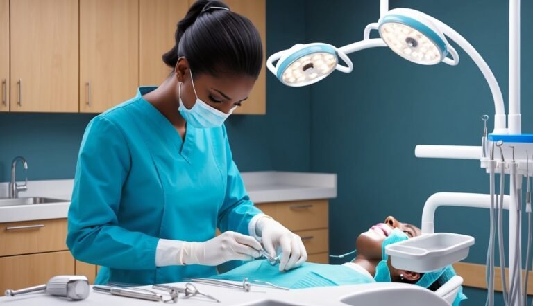 Dentist examining patient's teeth in a dental office, under bright lights