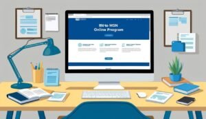 Computer screen displaying an RN to MSN online program webpage on a desk