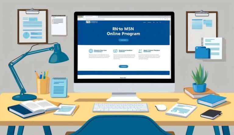 Computer screen displaying an RN to MSN online program webpage on a desk