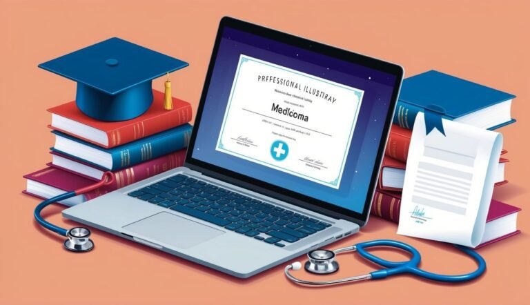 Laptop with medical degree, books, stethoscope, and graduation cap