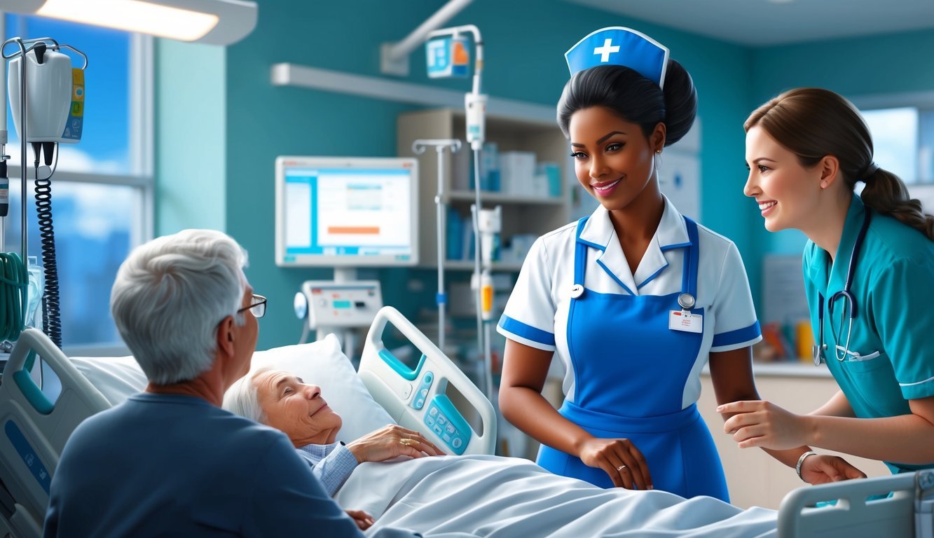 A nurse in uniform working in a hospital setting, surrounded by medical equipment and interacting with patients