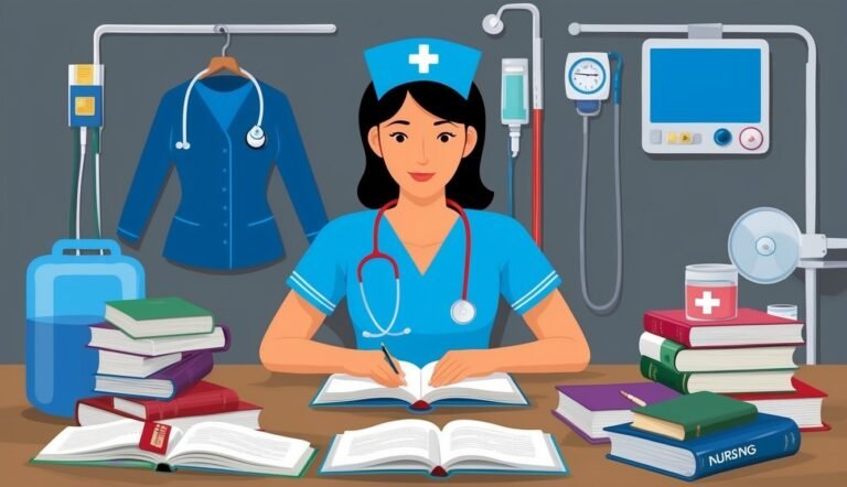 Nurse studying with books, medical equipment, and scrubs in a healthcare setting