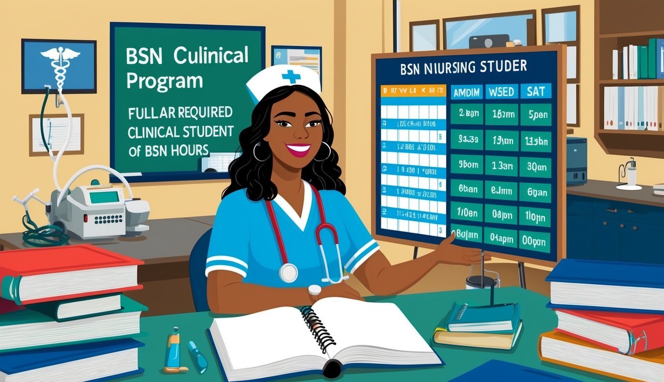 A nursing student in a classroom, surrounded by medical equipment and textbooks, with a schedule showing the required clinical hours for a BSN program