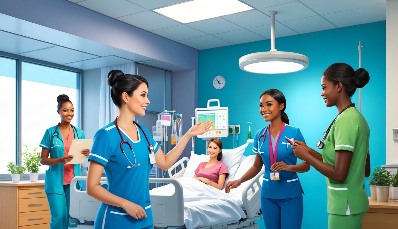 A nurse in a hospital setting, interacting with patients and collaborating with other healthcare professionals