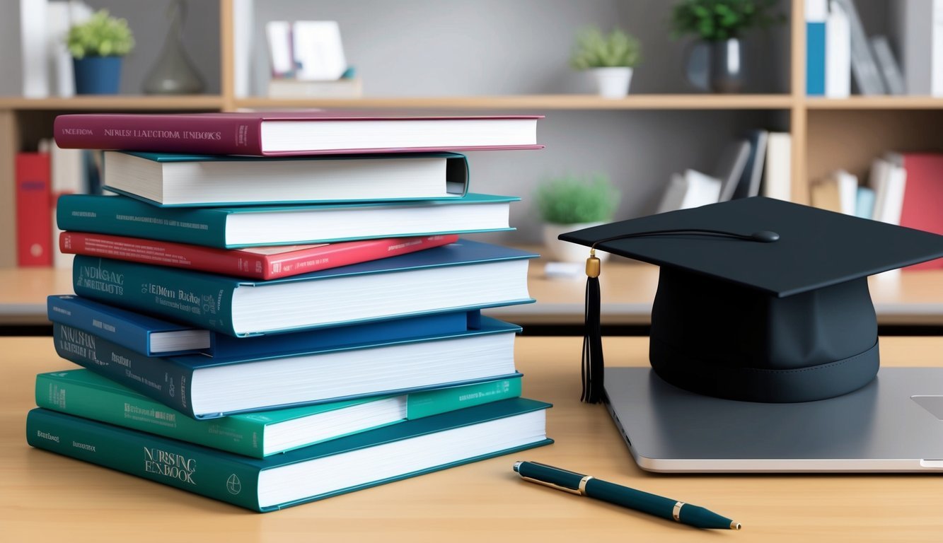 A stack of nursing textbooks, a laptop, and a graduation cap on a desk