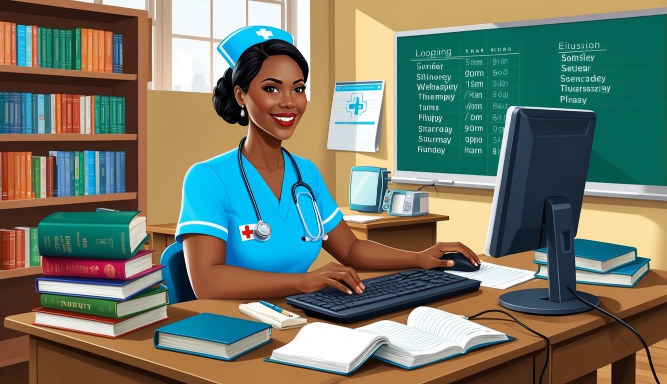 A nurse in a classroom, surrounded by textbooks and medical equipment, logging in clinical hours on a computer