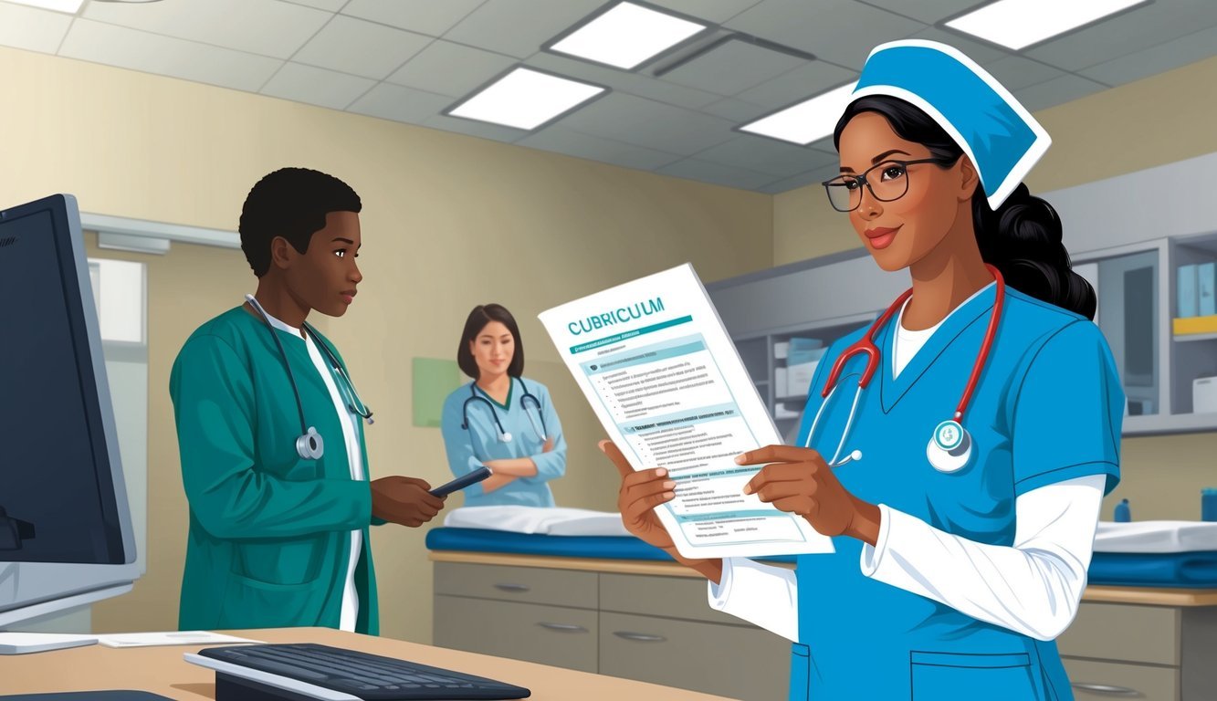 A nurse in scrubs reviewing a curriculum while observing a clinical setting