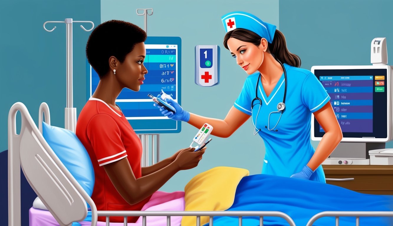 A nurse in scrubs checking vitals on a patient in a hospital bed