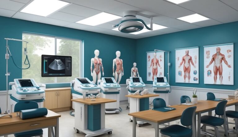 Medical training room with ultrasound machines, anatomical models, and charts