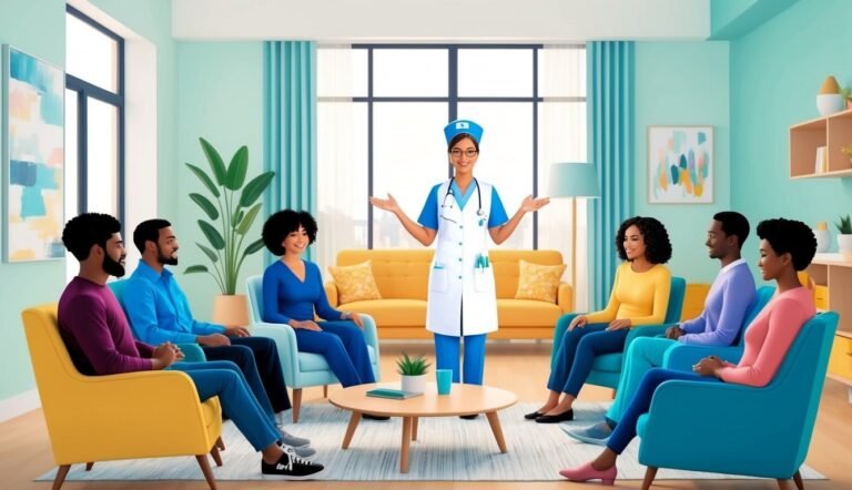 Nurse with patients in a circle, discussing health in a bright room