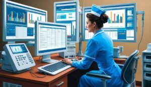 Nurse in blue uniform working at a desk with multiple computer monitors