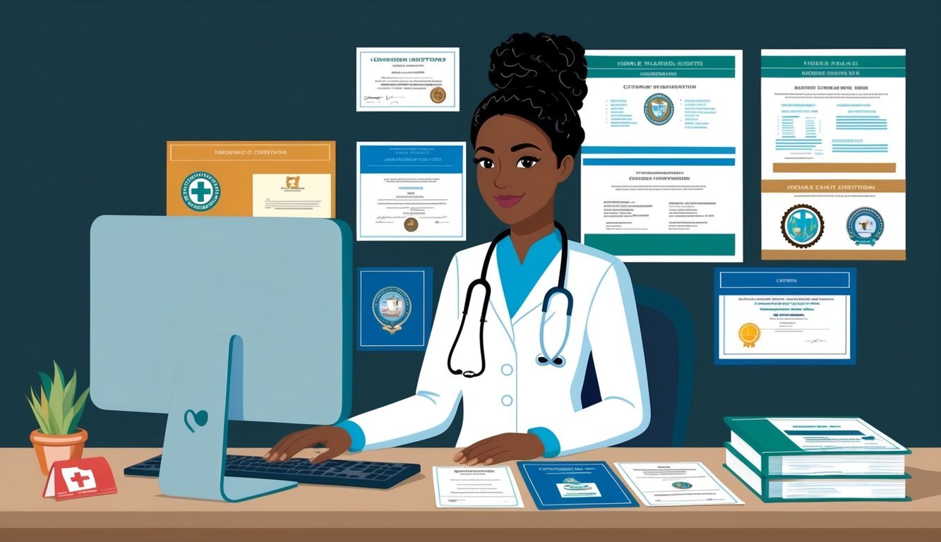 A nurse working at a computer with various educational and certification documents and badges displayed on the desk