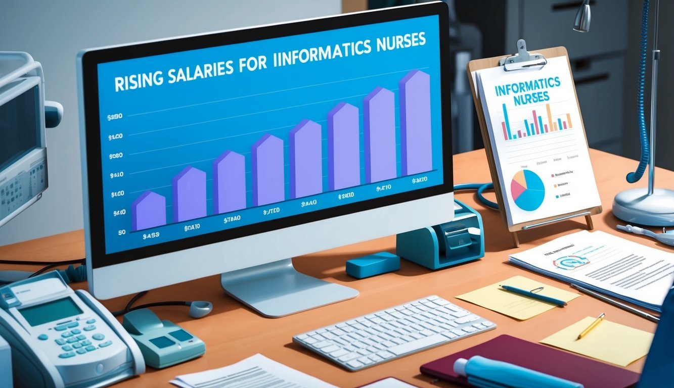 A computer screen displaying a graph of rising salaries for informatics nurses, surrounded by medical equipment and a desk with paperwork