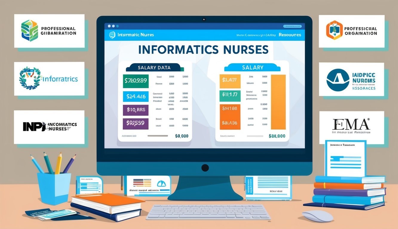 A computer screen displaying salary data for informatics nurses, surrounded by various professional organization logos and resources
