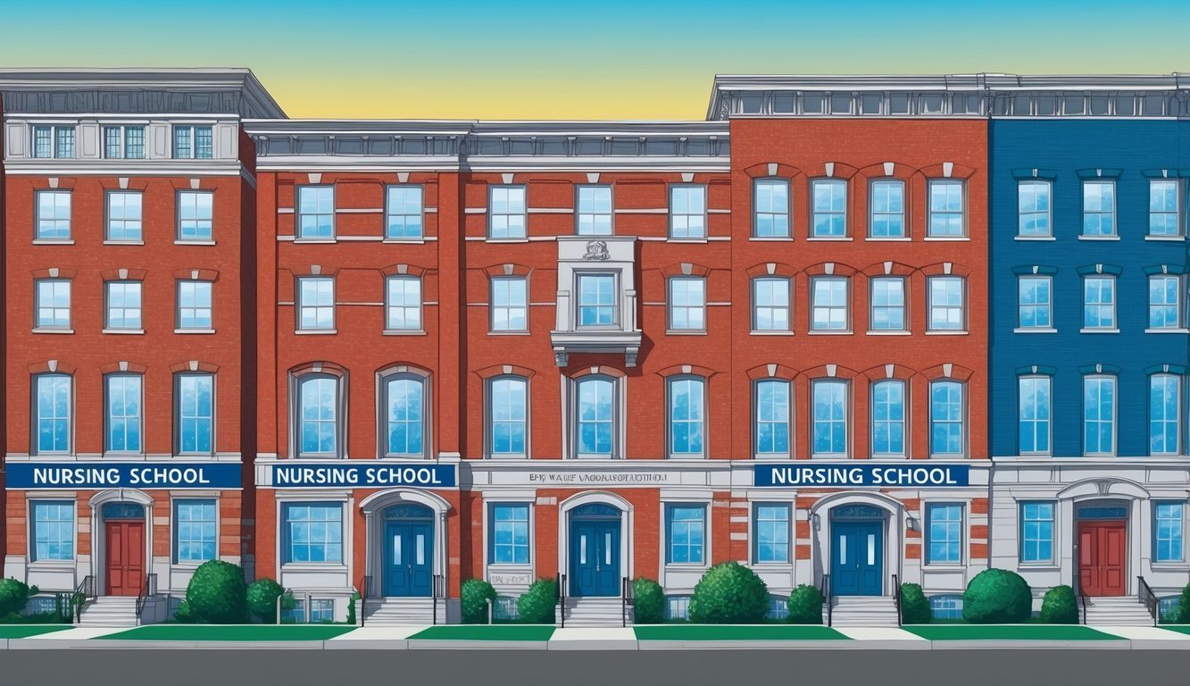 Illustration of a nursing school building with red and blue brick facades