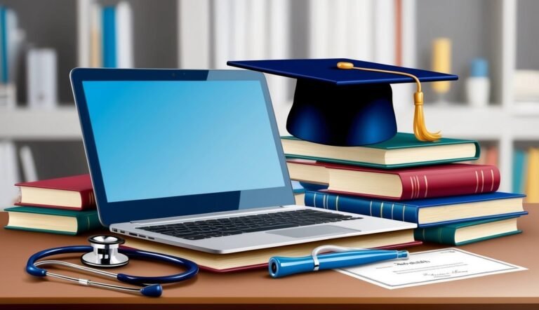 Laptop, books, graduation cap, stethoscope, and diploma on a desk