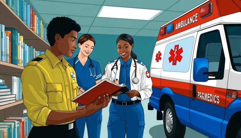 Three medical professionals review a book near an ambulance