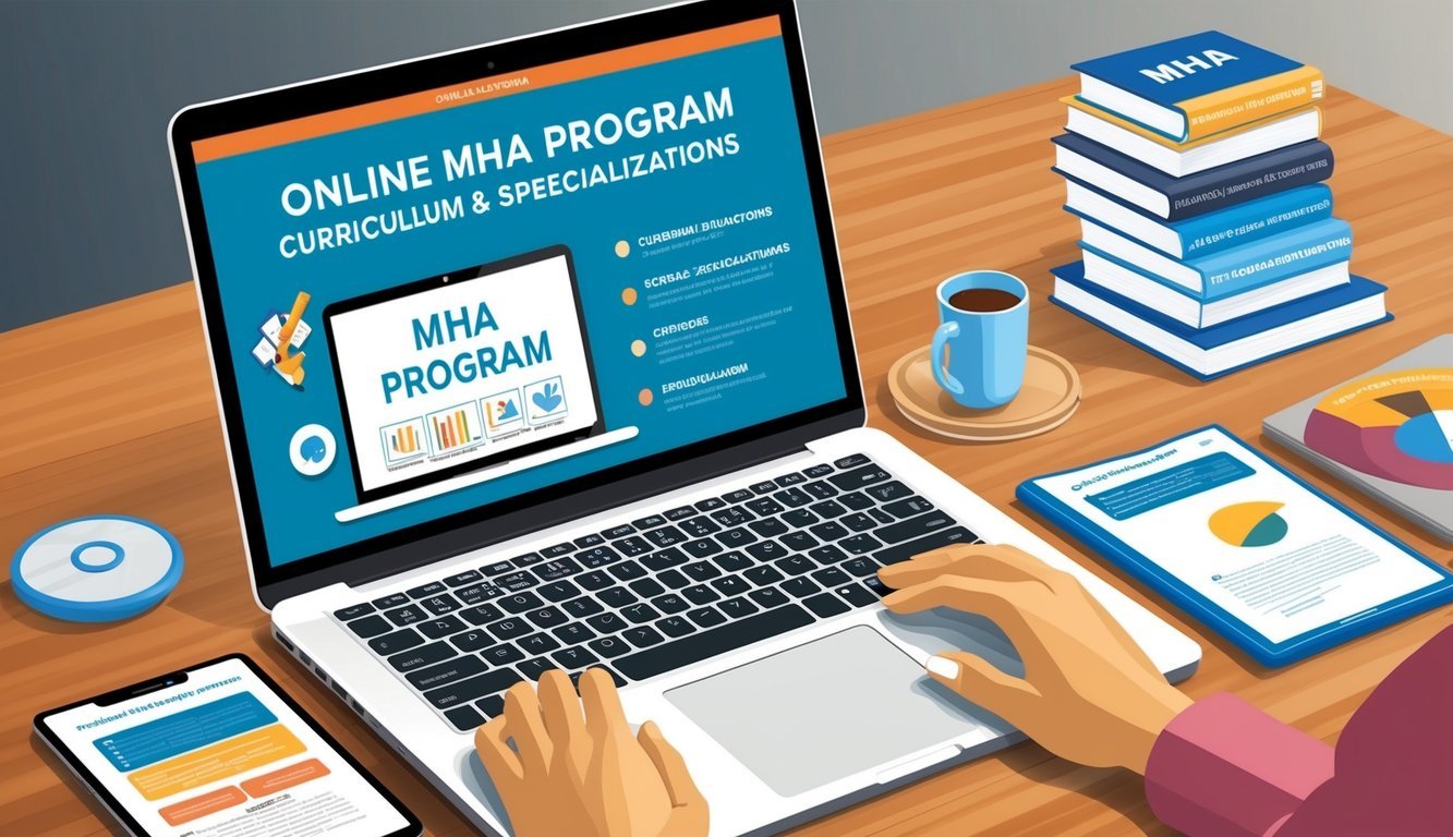 A laptop displaying a variety of online MHA program curriculums and specializations