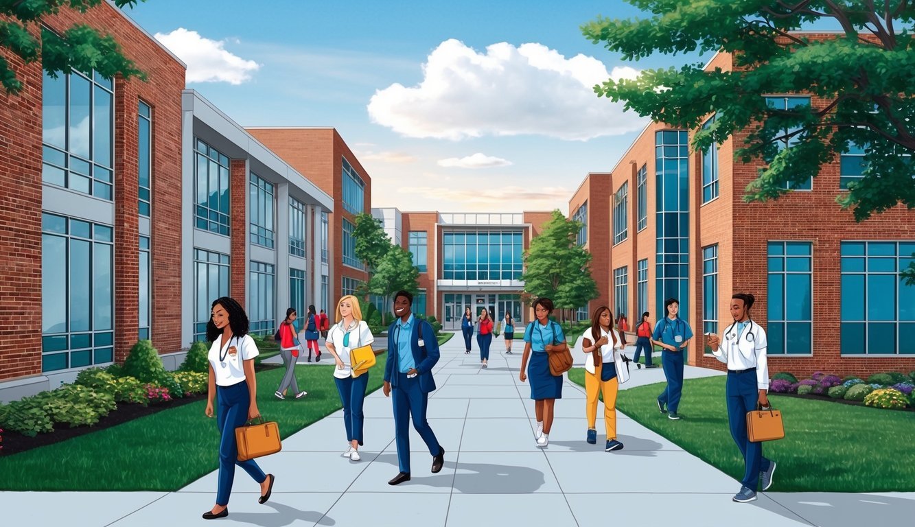 A bustling campus with modern buildings and students walking between classes at a leading nursing school in Washington