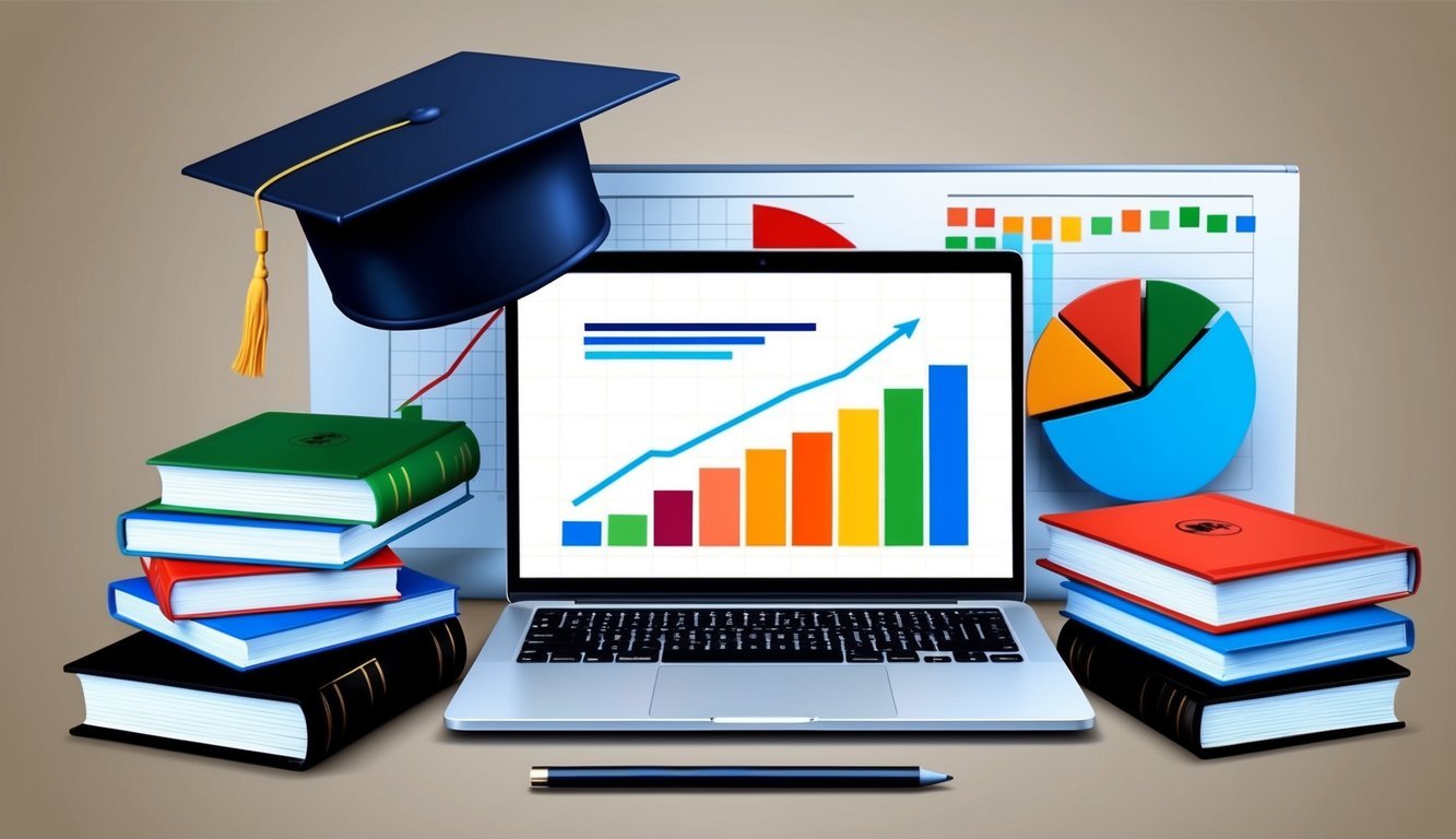 A laptop surrounded by books and a graduation cap, with a chart showing career growth and success in the background