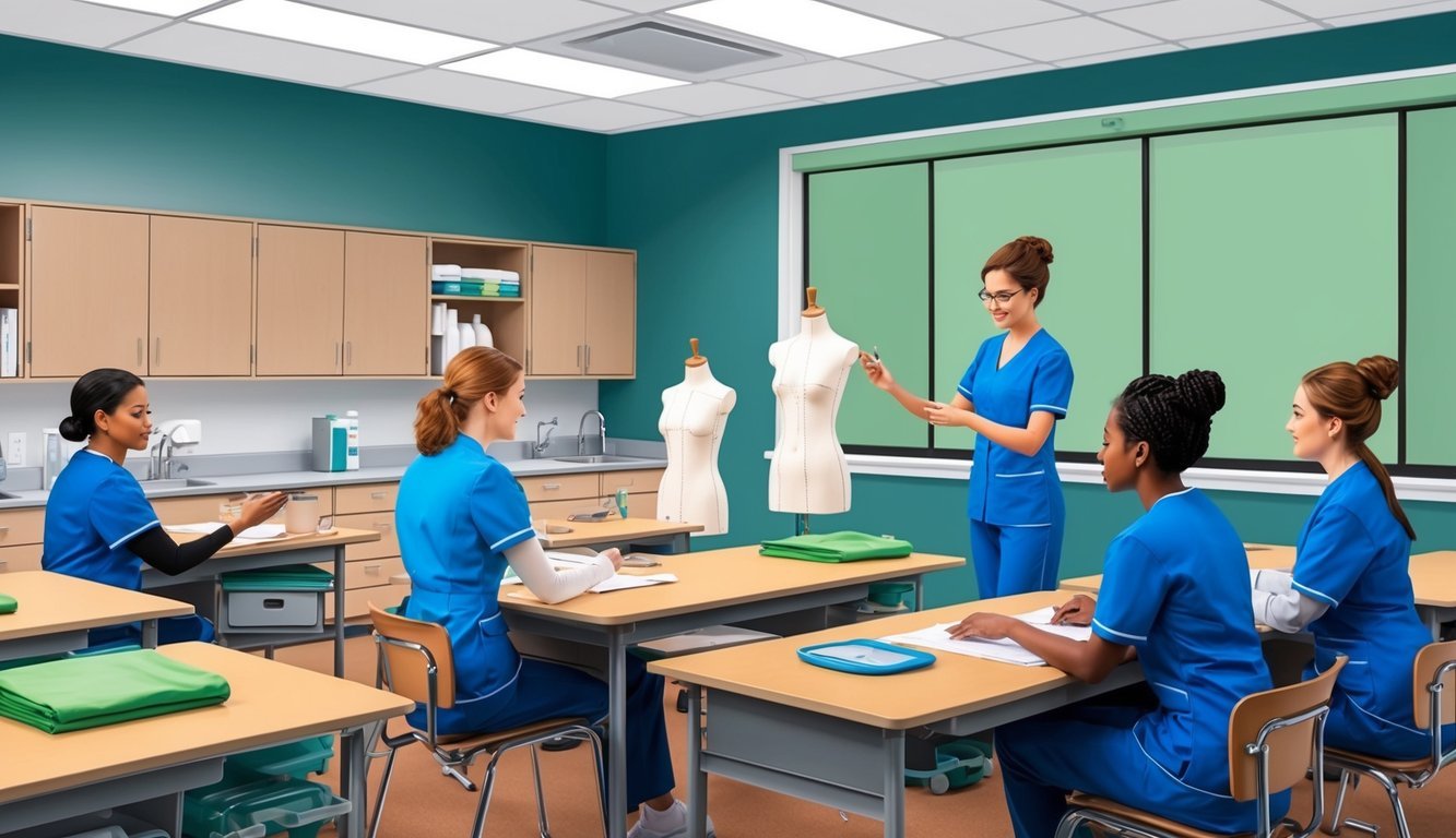A classroom setting with nursing equipment, medical mannequins, and instructors demonstrating clinical skills