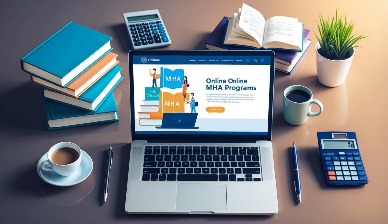 A laptop on a desk displaying a website for online MHA programs, surrounded by books, a calculator, and a cup of coffee