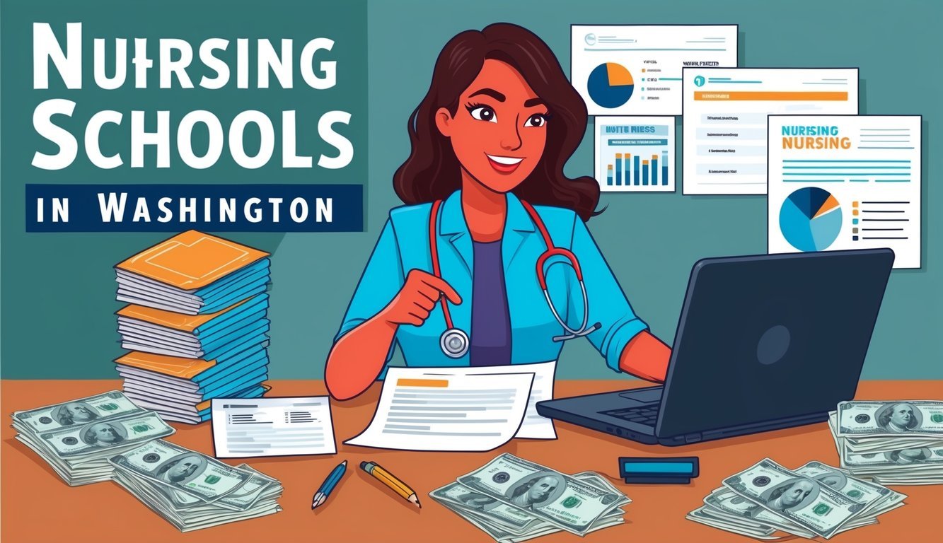 A student researching nursing schools in Washington, surrounded by financial documents and a laptop