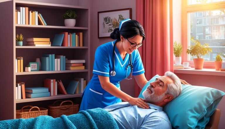 Nurse tending to a senior patient lying in bed in a room