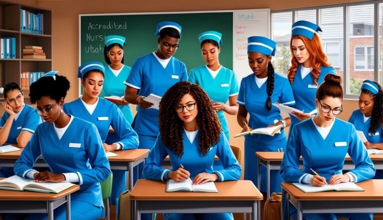 Nursing students in blue scrubs and caps in a classroom setting