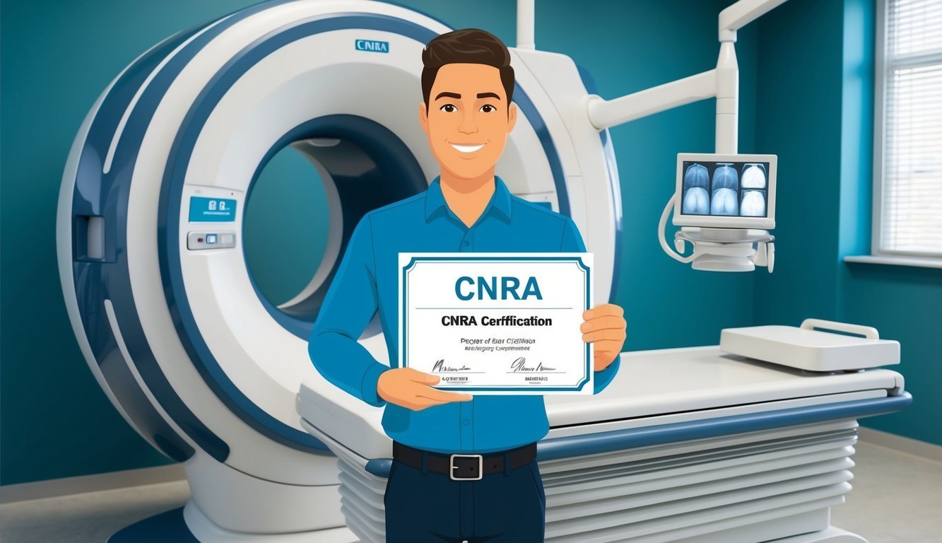 Man holding CNRA certificate in front of a CT scanner