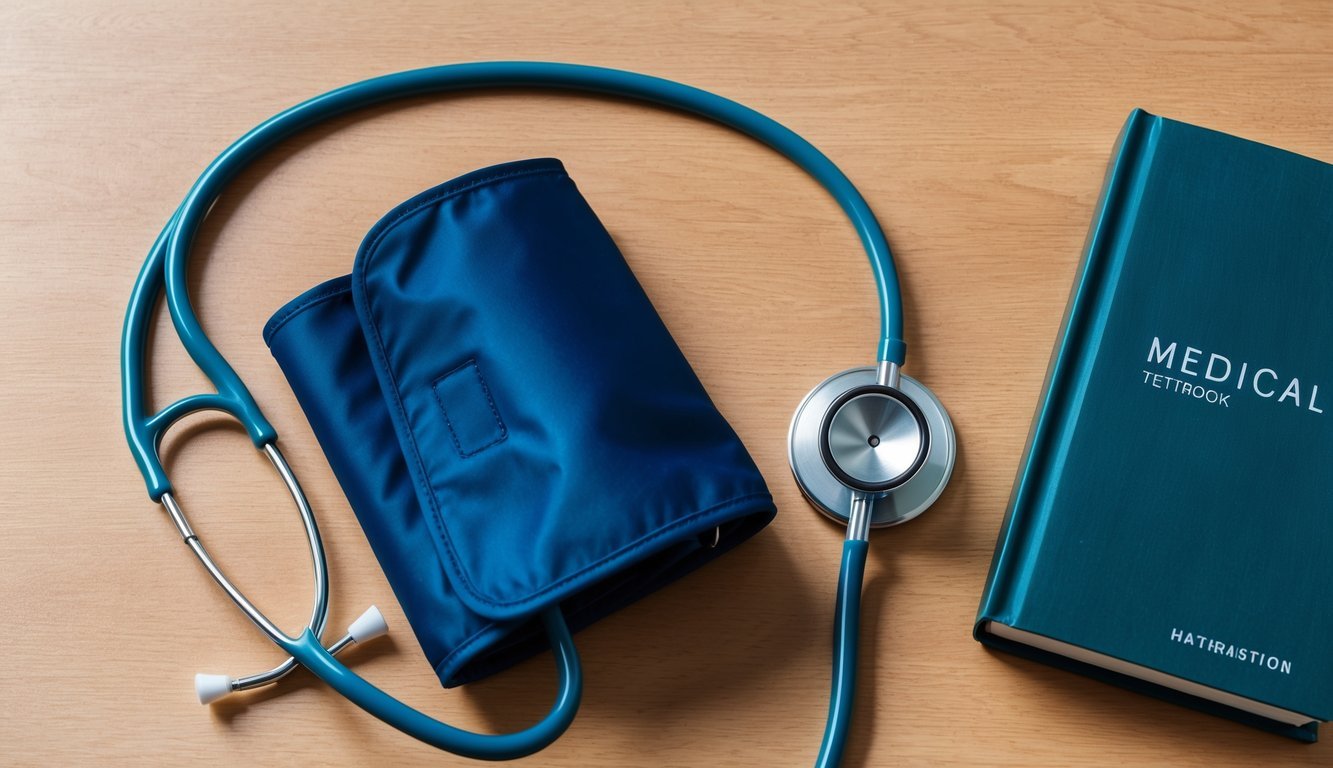 A stethoscope, blood pressure cuff, and medical textbook on a desk