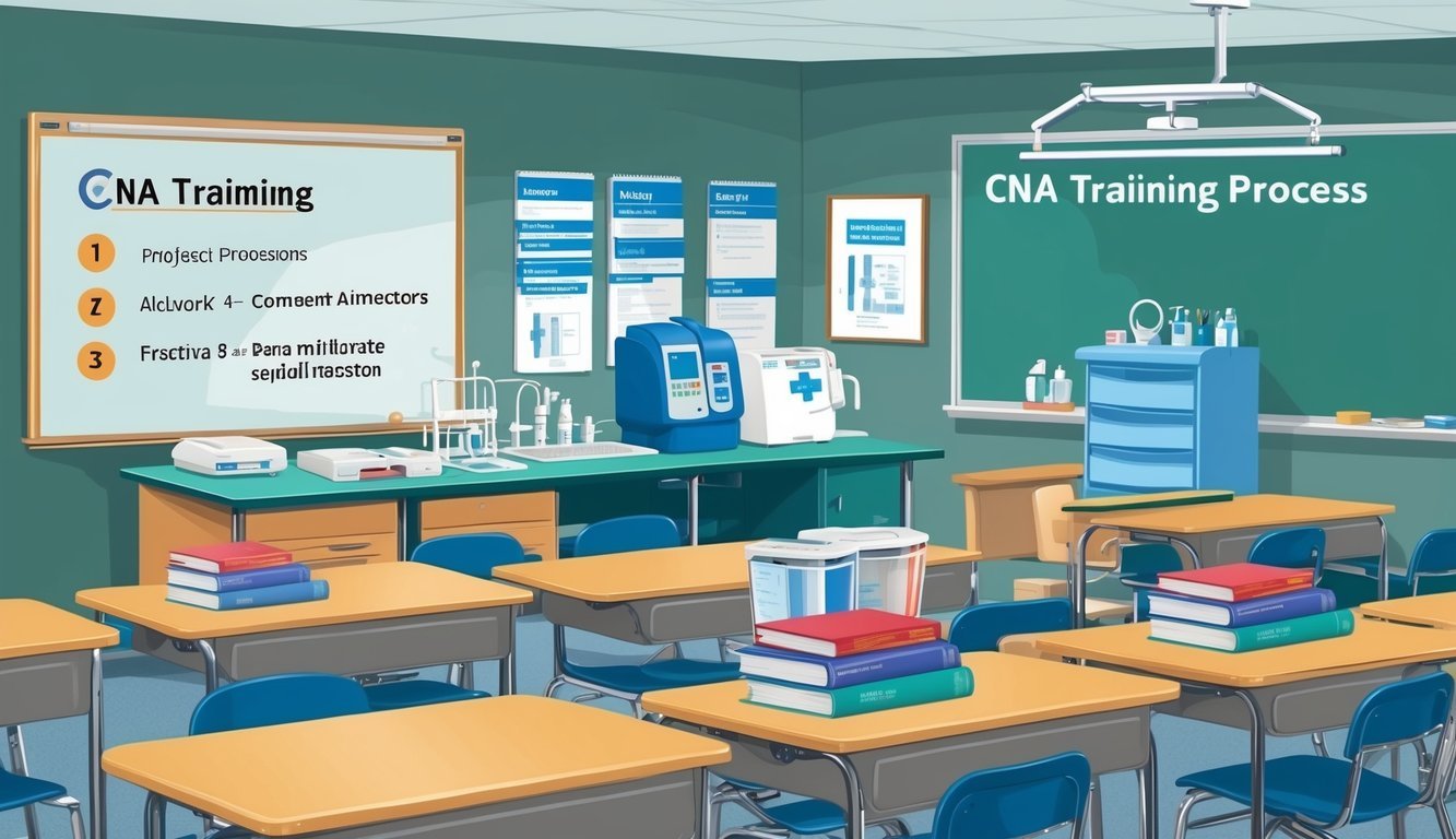 A classroom with medical equipment, textbooks, and a whiteboard displaying CNA training process steps