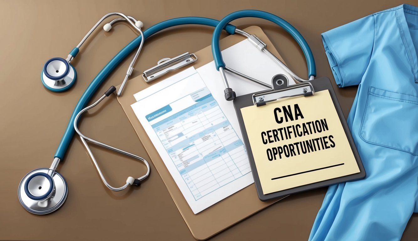 A stethoscope, medical scrubs, and a clipboard with patient charts on a desk next to a sign reading "CNA Certification Opportunities."