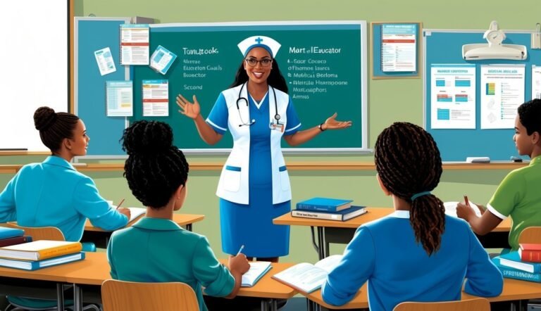 Nurse educator teaching students in a classroom with notes on the board