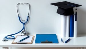 Stethoscope, graduation cap, and documents on a white table