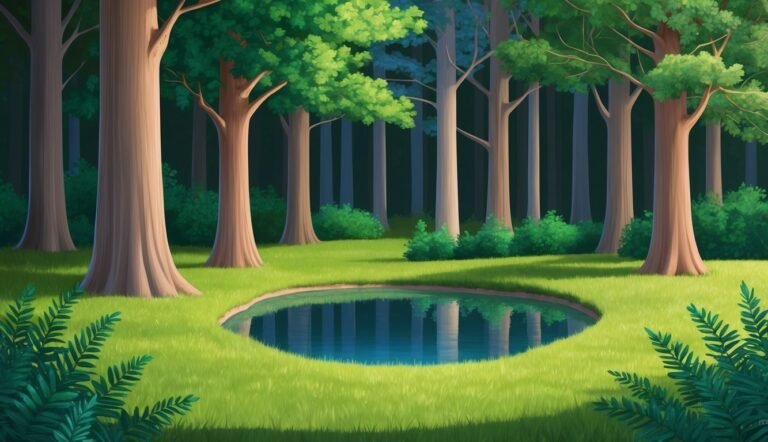 Cartoon forest scene with a small pond in a grassy clearing