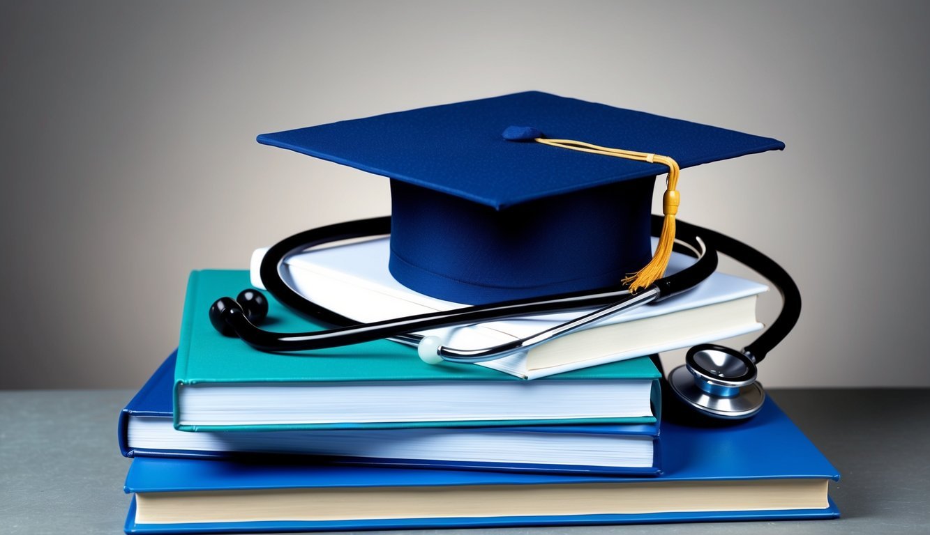 A graduation cap resting on a stack of nursing textbooks, with a stethoscope draped over the edge of the books