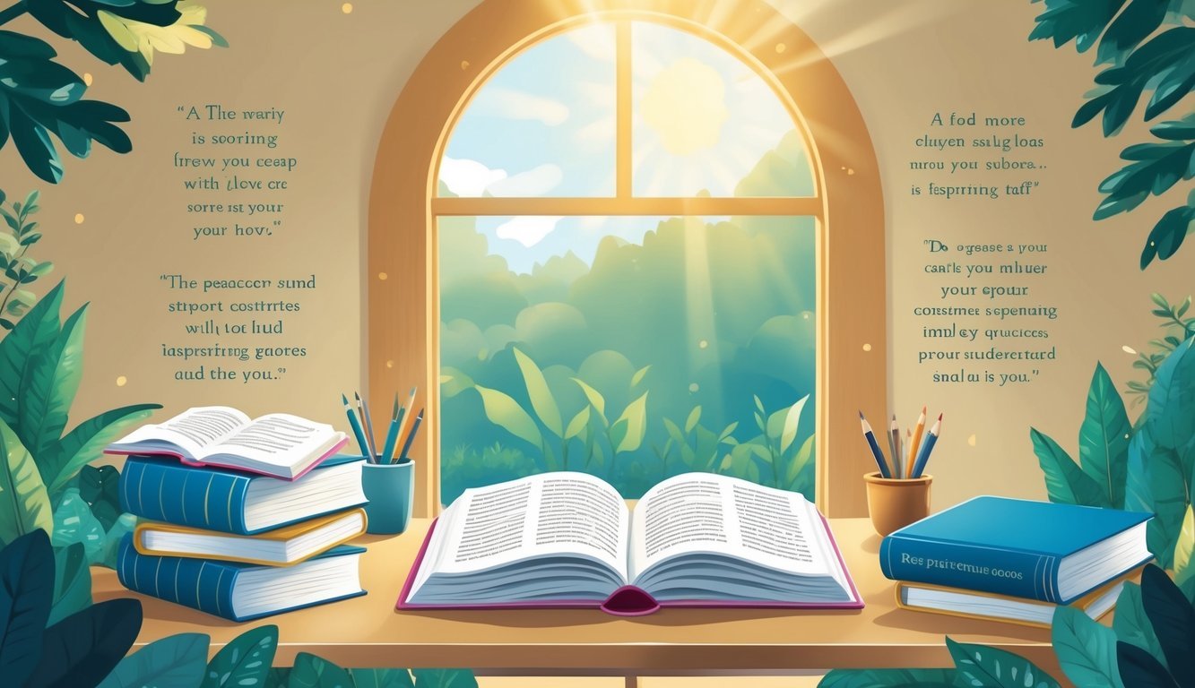 A peaceful, sunlit study space with open books, a laptop, and a cozy chair, surrounded by nature and inspiring quotes