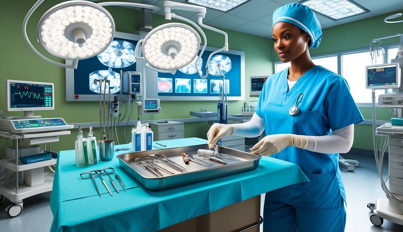 Surgeon in scrubs preparing surgical tools in an operating room