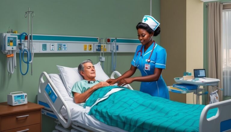 Nurse tending to a patient in a hospital bed, medical equipment visible