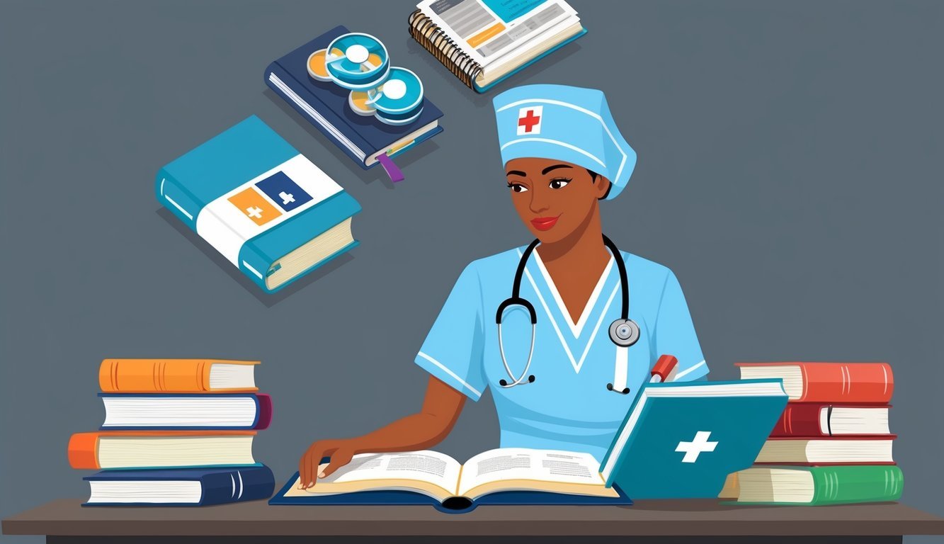 A surgical nurse consulting with professional organizations and resources, studying medical books and journals