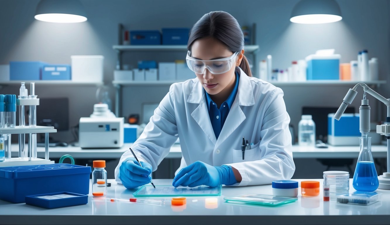 Scientist in lab coat and gloves writing on a glass slide, surrounded by equipment