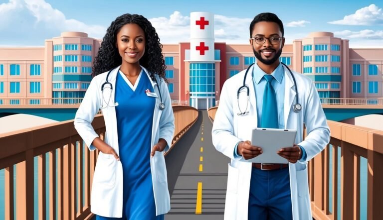Two smiling doctors in front of a hospital, bridge in foreground