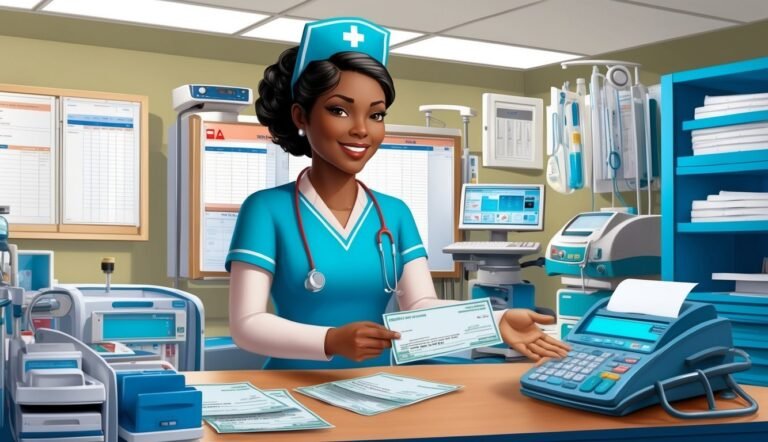 Smiling nurse in uniform holding a medical form in a hospital setting