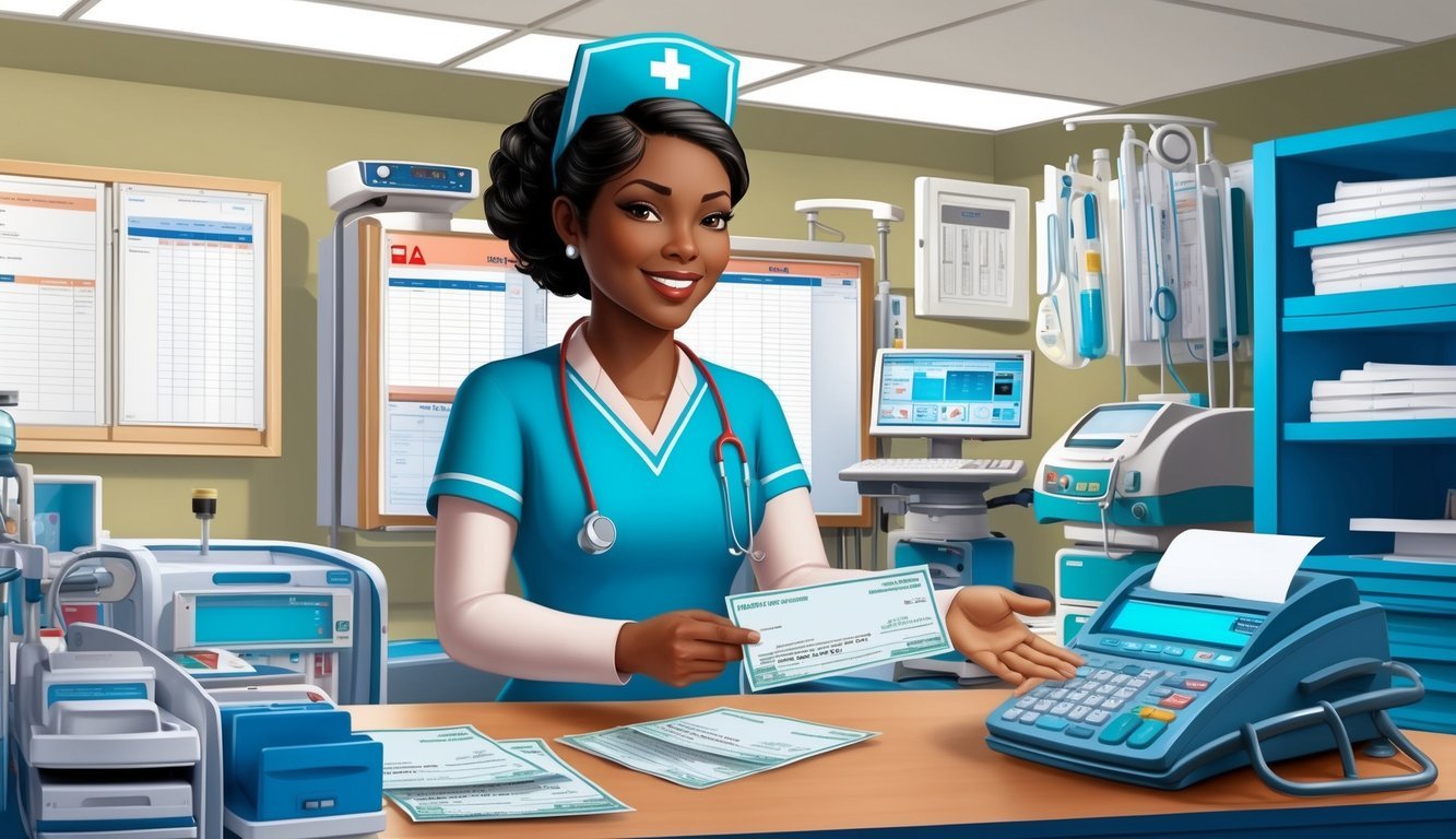 A nurse in a California hospital, surrounded by medical equipment and charts, receiving a paycheck